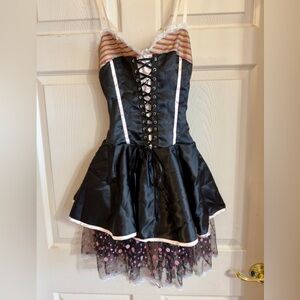 Regencycore Black Corset Coquette Girl Goth Dress with Polka Dot‎ Skirt Size XS